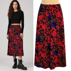 Vintage 90s Midi Skirt Sz.S Red Paisley Floral Boho Whimsigoth A-Line Y2K